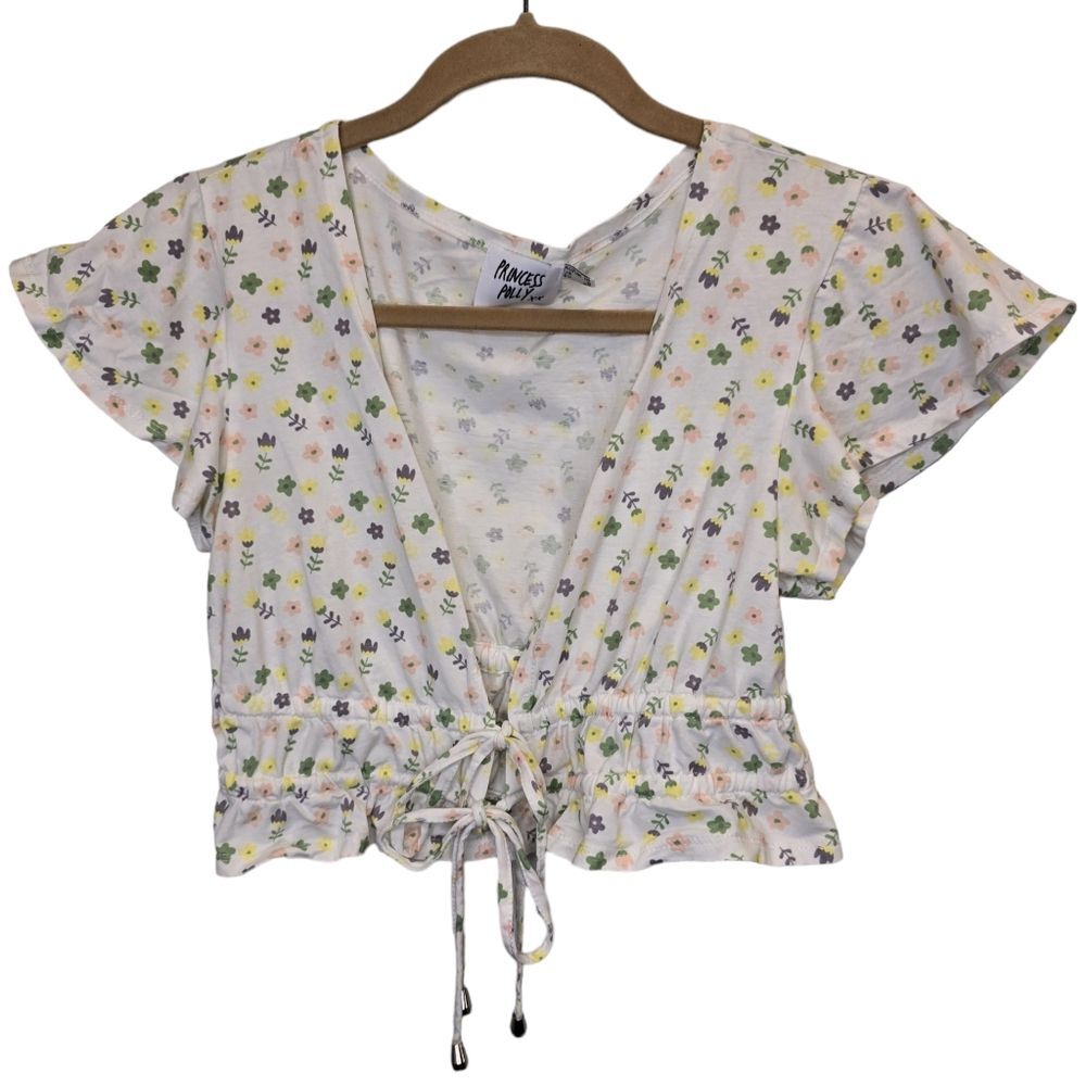 Princess Polly Women's Floral Plunging Neck Tie Front Short Sleeve Crop Top 6